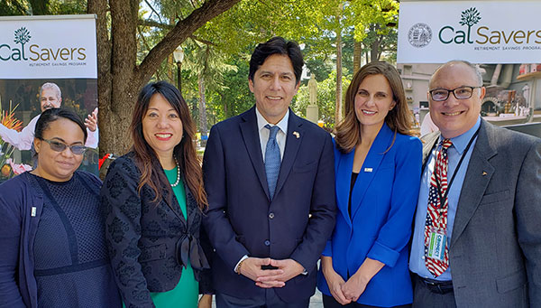 At the July 1 news conference and launch of CalSavers, the state’s new retirement savings program for private-sector workers. With Treasurer Ma are former Senate pro Tempore
Kevin de Leon, CalSavers Executive Director Katie Selenski, Communications Director Mark DeSio (right) and Communications Analyst Akilah Jones (left). 